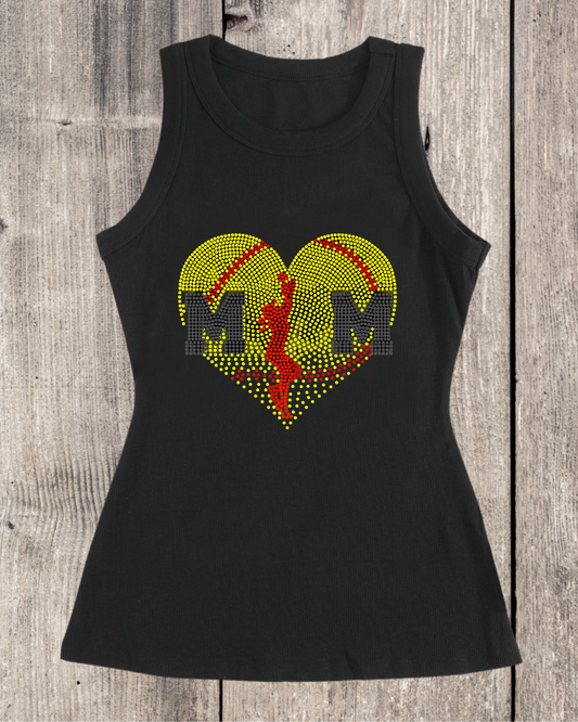 Sport Mom Faded Heart Design Softball Mom Rhinestone Ribbed Tank Top