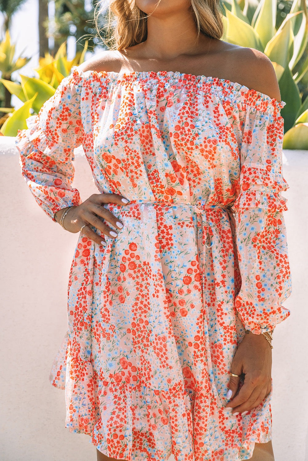 Floral Off The Shoulder Print Ruffled Dress With Tie Waist