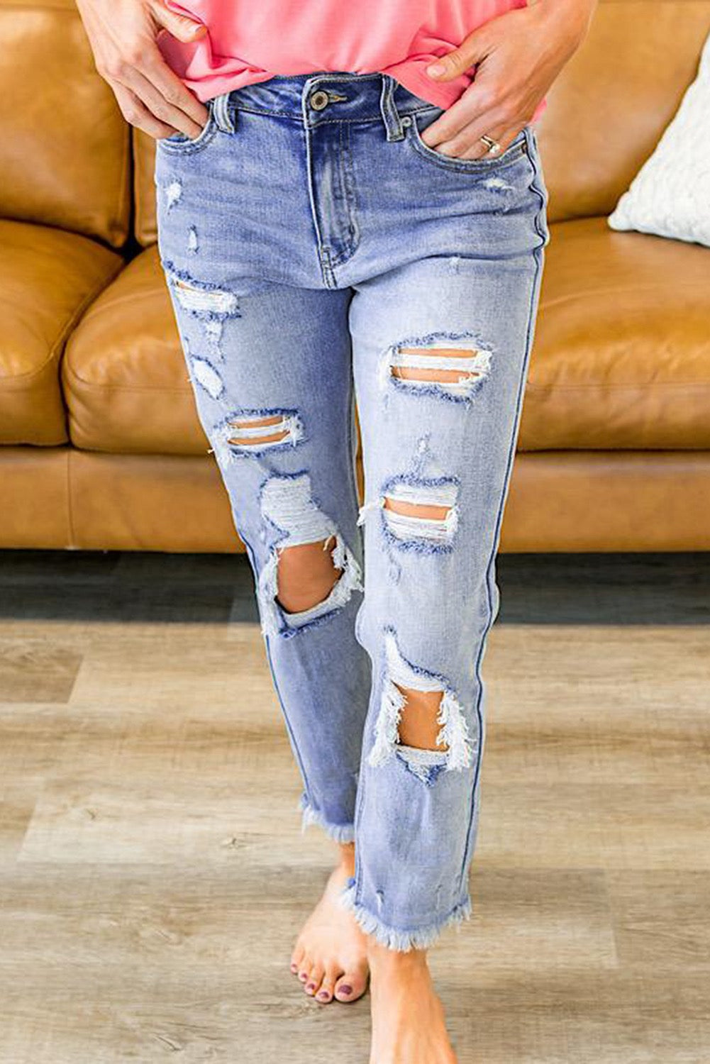 Sky Blue Distressed Raw Hem Straight Leg Jeans