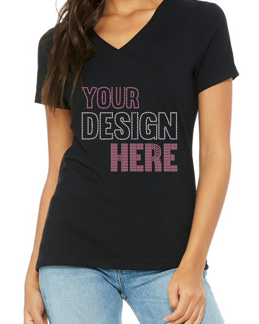 Fully Customizable Rhinestone Women’s Relaxed V-Neck T-Shirt