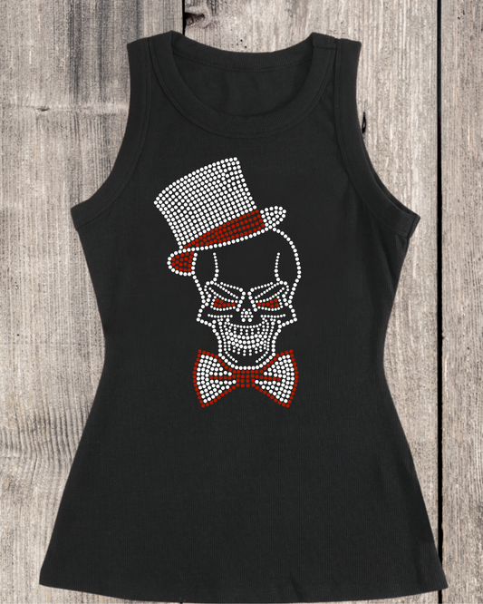 Skull And Top Hat Rhinestone Ribbed Tank Top