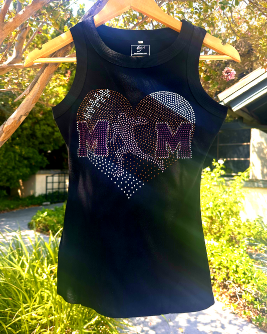 Sport Mom Faded Heart Design Football Mom Rhinestone Ribbed Tank Top