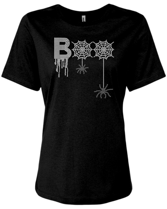 Boo Rhinestone Womens Relaxed Short Sleeve T-Shirt