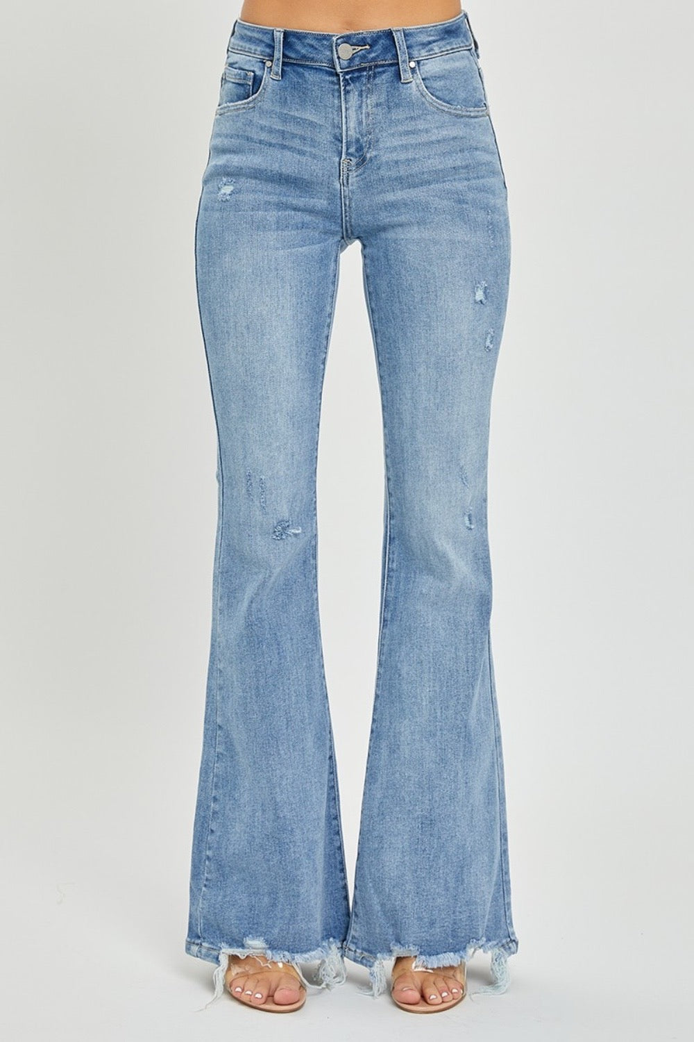 RISEN Full Size High Rise Frayed Hem Flare Jeans