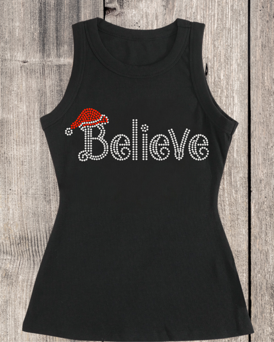 Believe Rhinestone Ribbed Tank Top