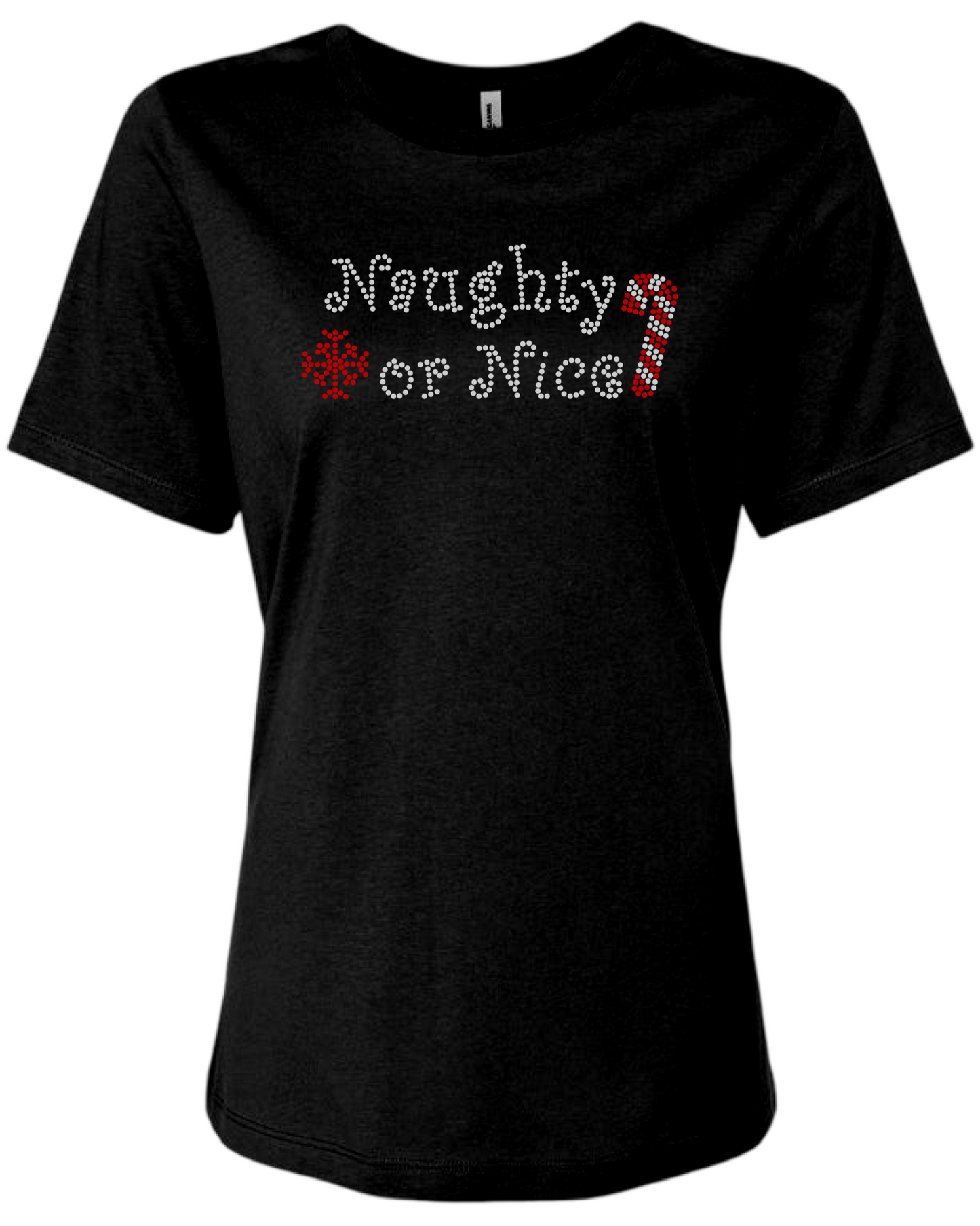 Naughty Or Nice Rhinestone Womens Relaxed Short Sleeve T-Shirt