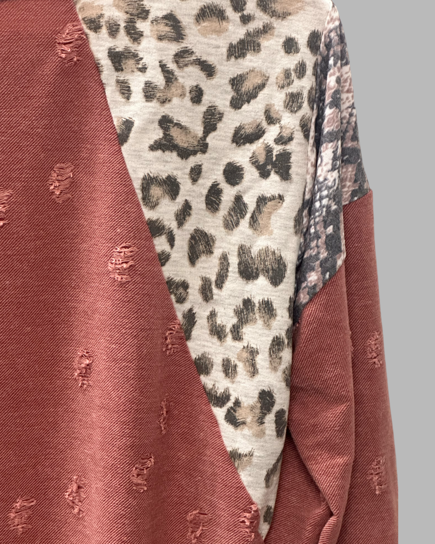 Bibi Distressed Long Sleeve Top with Animal Print Sleeves