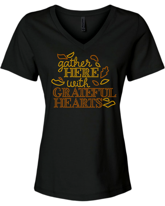 Thankful Holiday Collection Rhinestone Women’s Relaxed Black T-Shirt