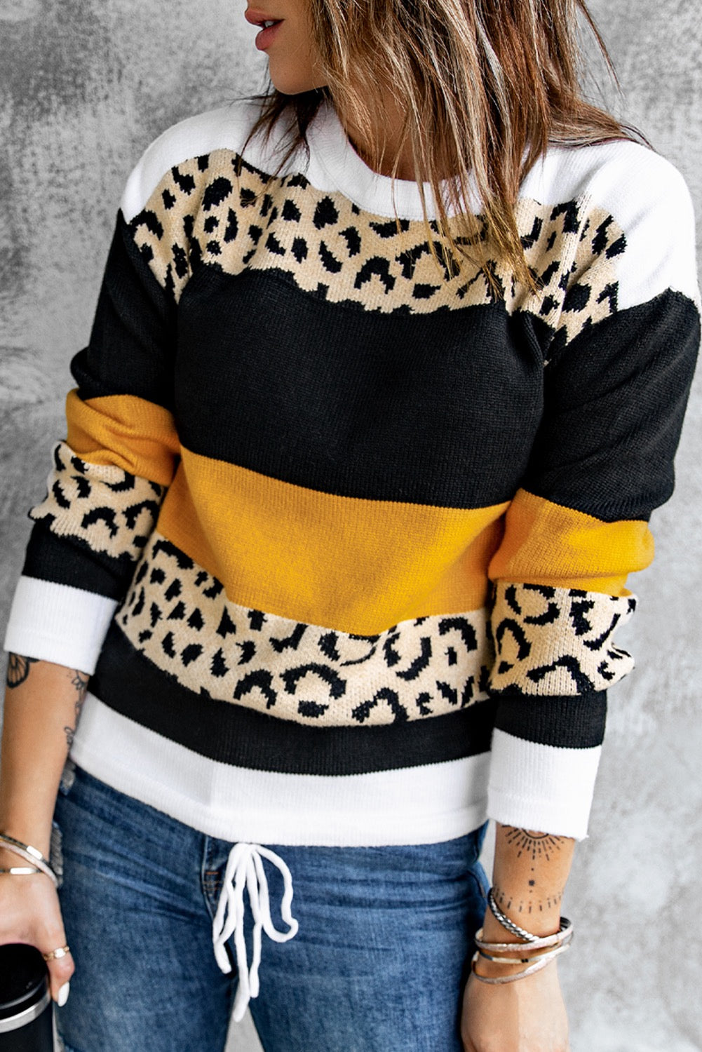 Crewneck Leopard ColorBlock Knit Pullover Sweater