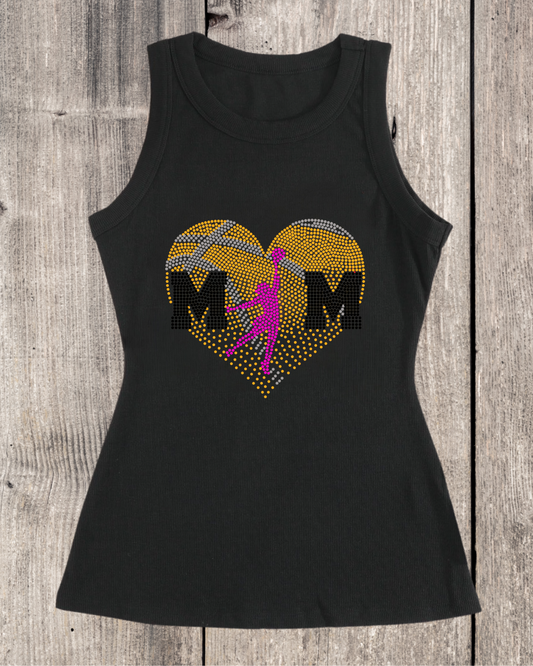 Sport Mom Faded Heart Design Her Basketball Mom Rhinestone Ribbed Tank Top