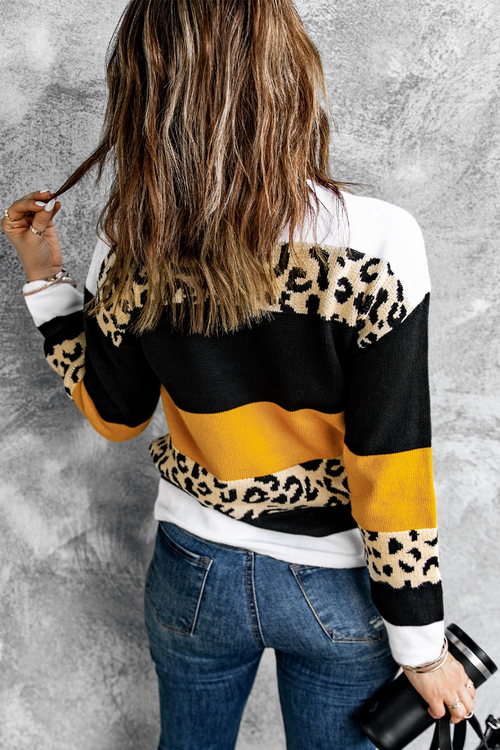 Crewneck Leopard ColorBlock Knit Pullover Sweater