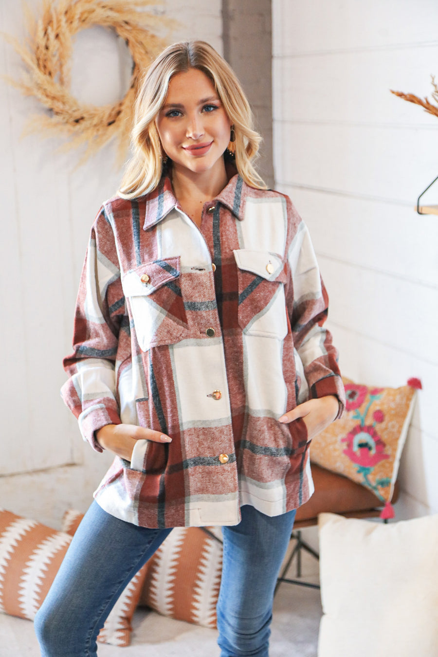 Zenana Oversized Yarn Dyed Plaid Shacket With Pockets