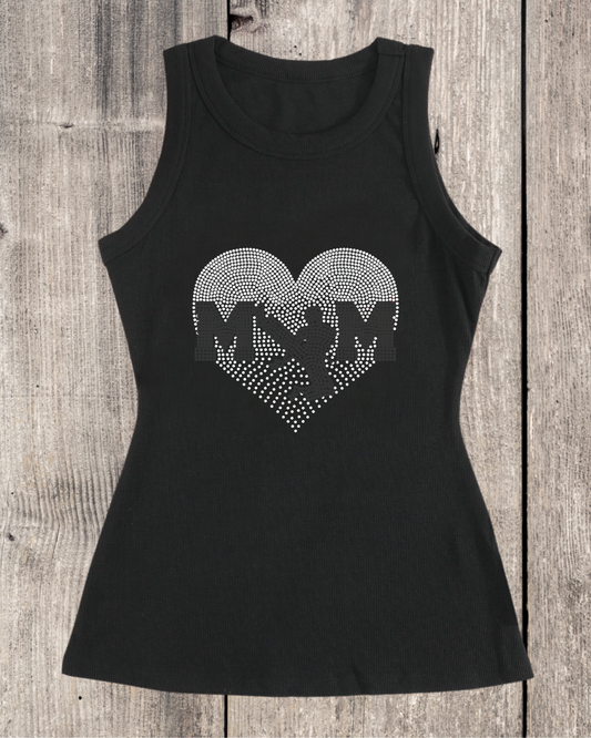 Sport Mom Faded Heart Design Karate Mom Rhinestone Ribbed Tank Top