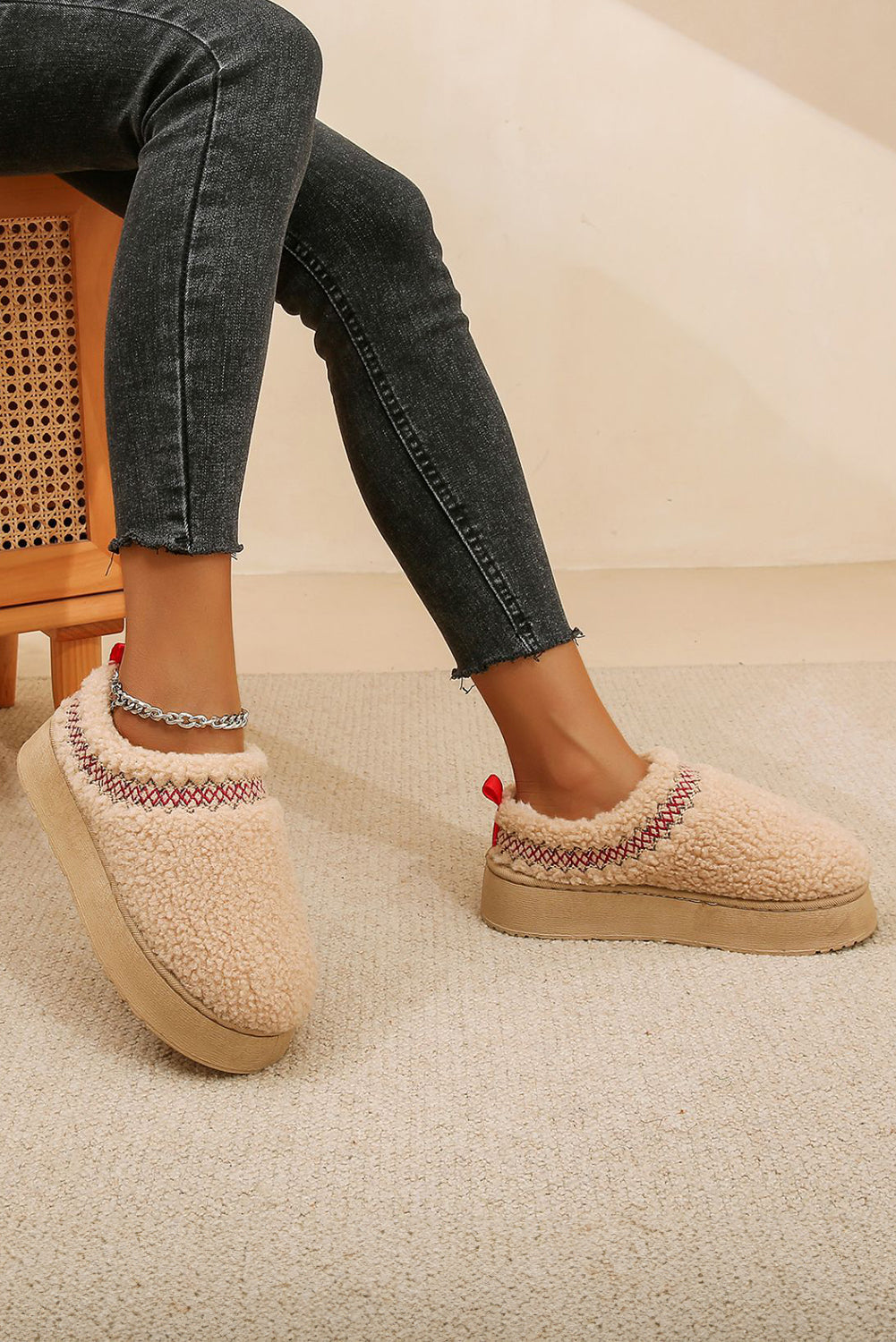 White Embroidered Sherpa Plush Thick Sole Winter Slippers