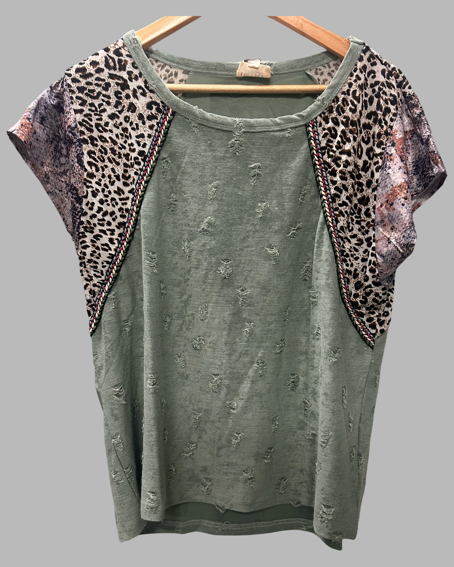 Bibi Distressed Short Sleeve Top with Animal Print Sleeves