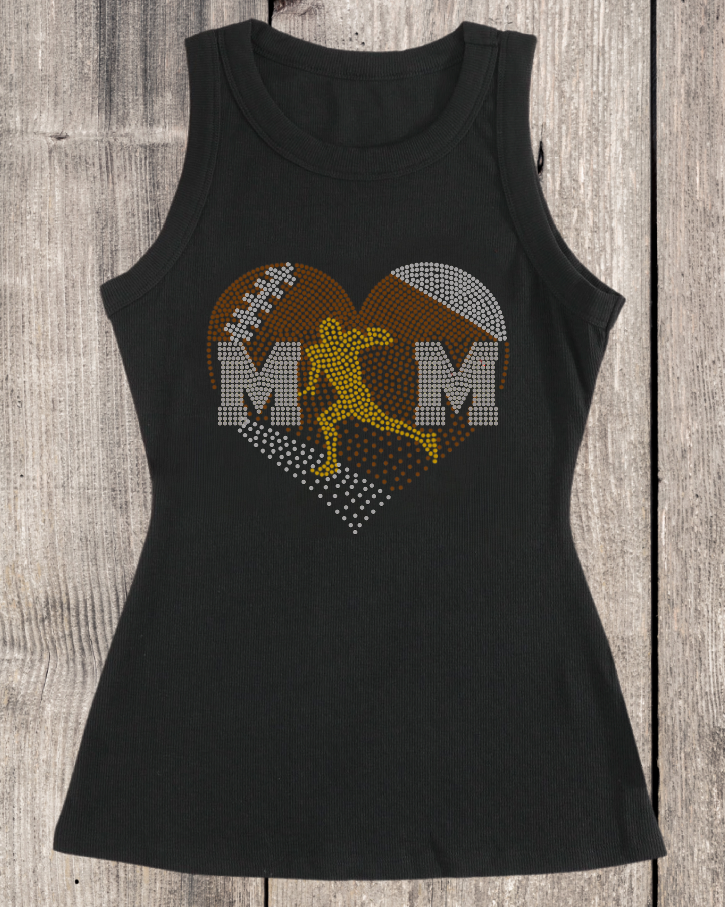 Sport Mom Faded Heart Design Football Mom Rhinestone Ribbed Tank Top