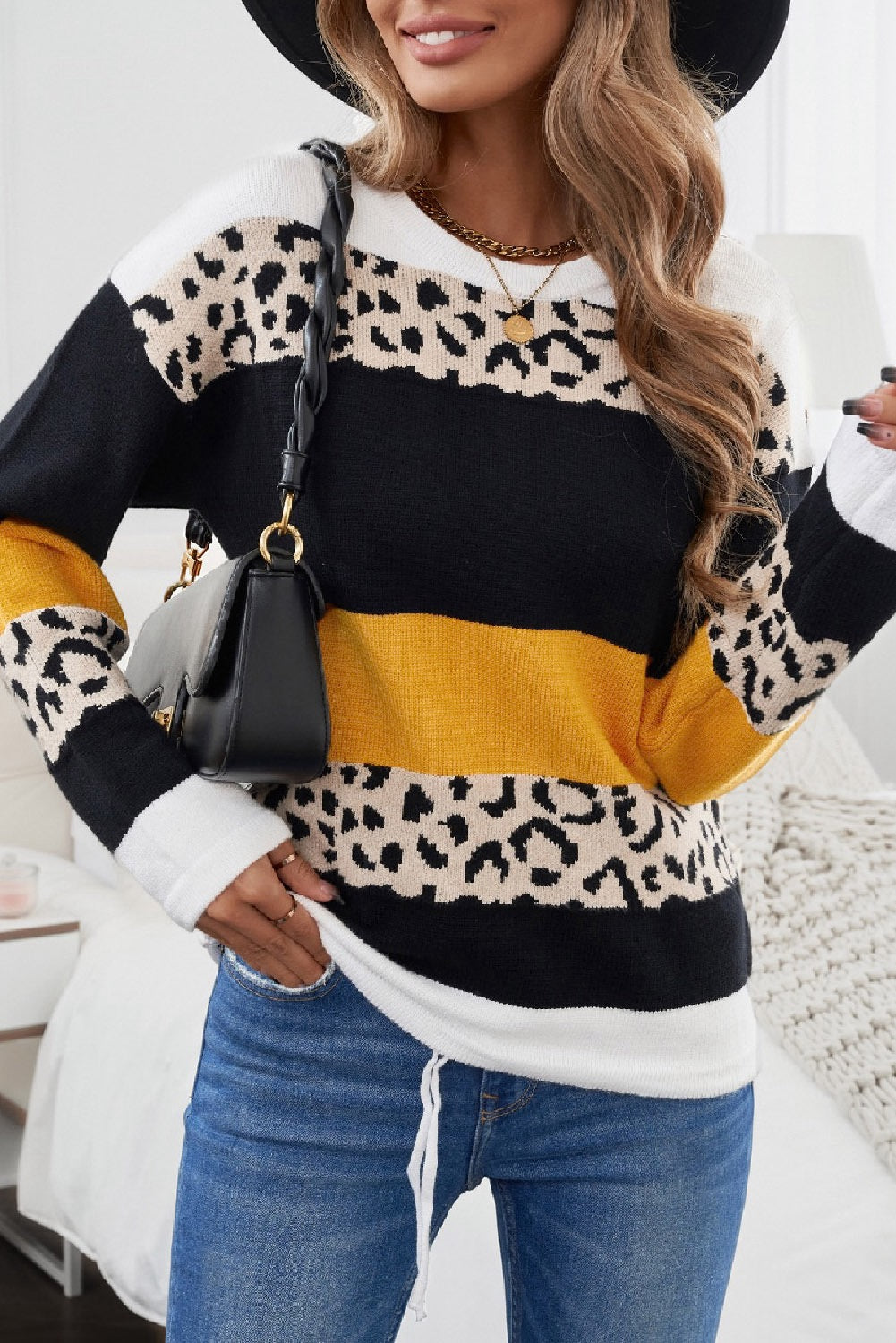 Crewneck Leopard ColorBlock Knit Pullover Sweater