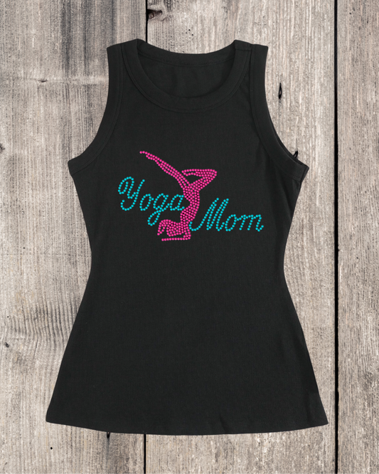 Yoga Mom Rhinestone Sleeveless Ribbed Black Tank Top