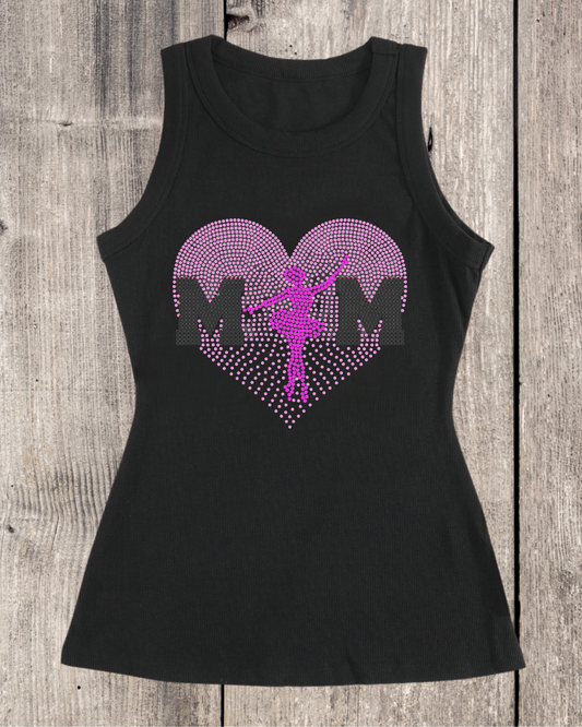 Sport Mom Faded Heart Design Dance Mom Rhinestone Ribbed Tank Top