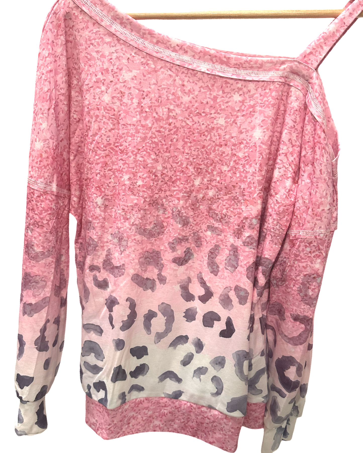 Pink Leopard Patchwork One Shoulder Long Sleeve Top