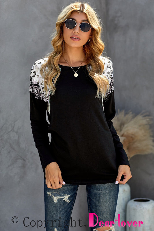 Long Sleeve Leopard and Snake Print Black Top