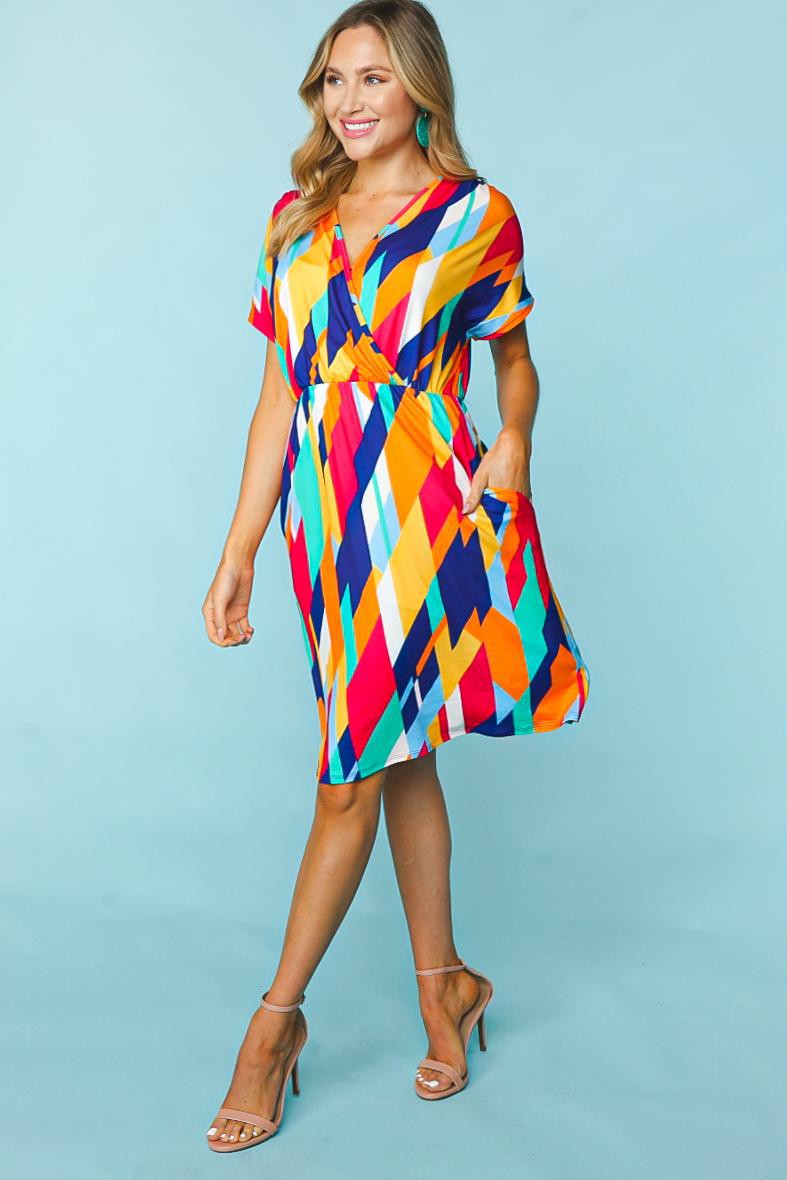 Haptics Geometric Surplice V Neck Short Sleeve Dress