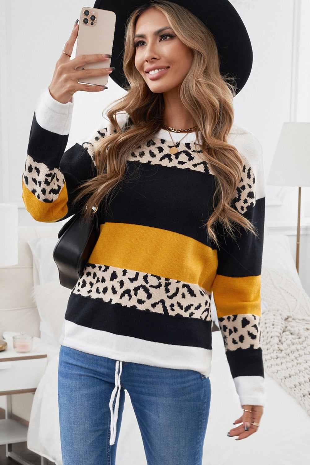 Crewneck Leopard ColorBlock Knit Pullover Sweater