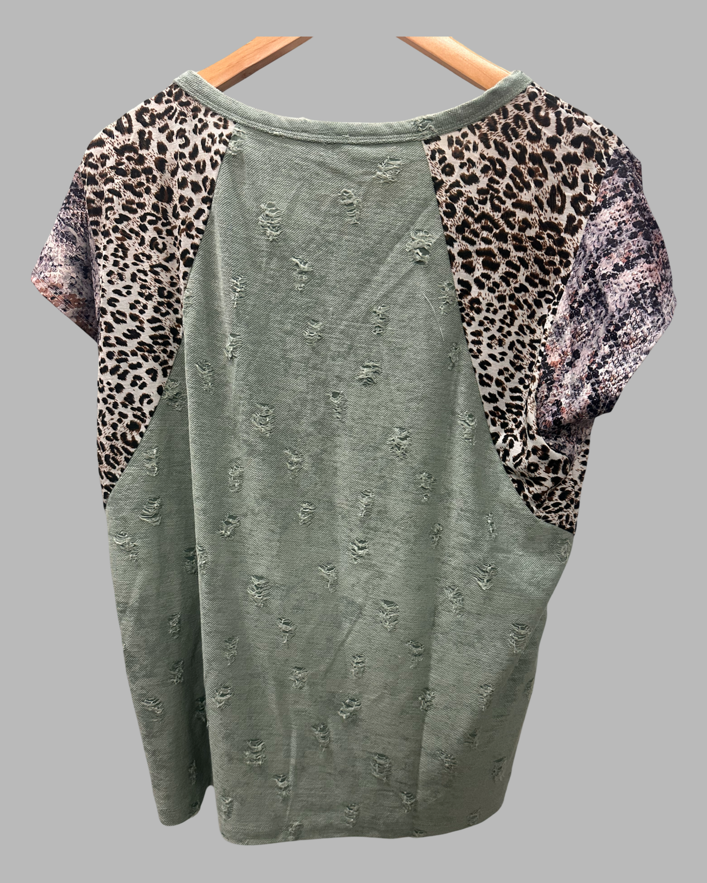 Bibi Distressed Short Sleeve Top with Animal Print Sleeves