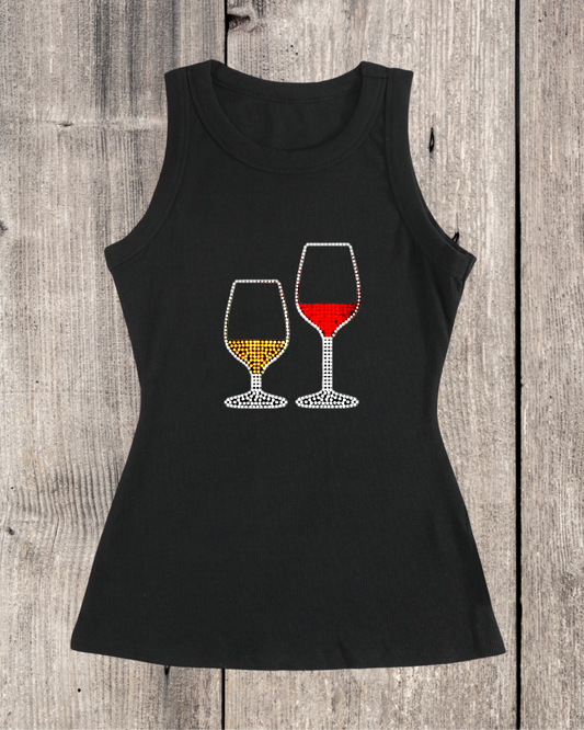 Double Wine Cup Rhinestone Ribbed Tank Top