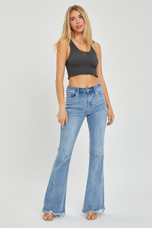 RISEN Full Size High Rise Frayed Hem Flare Jeans