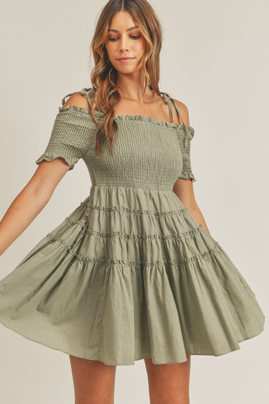 Mable  Off shoulder smocked bodice mini babydoll dress Dress