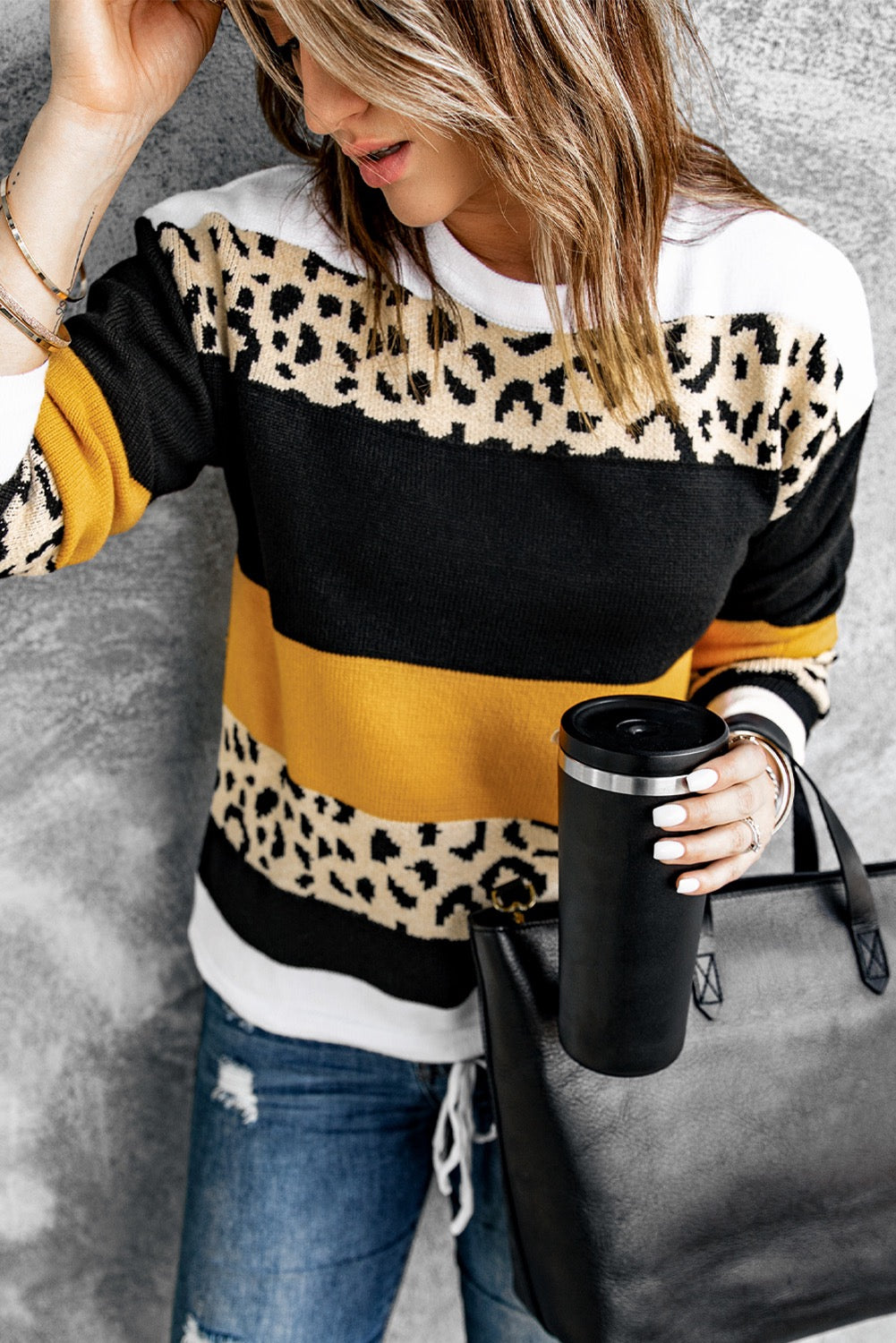 Crewneck Leopard ColorBlock Knit Pullover Sweater