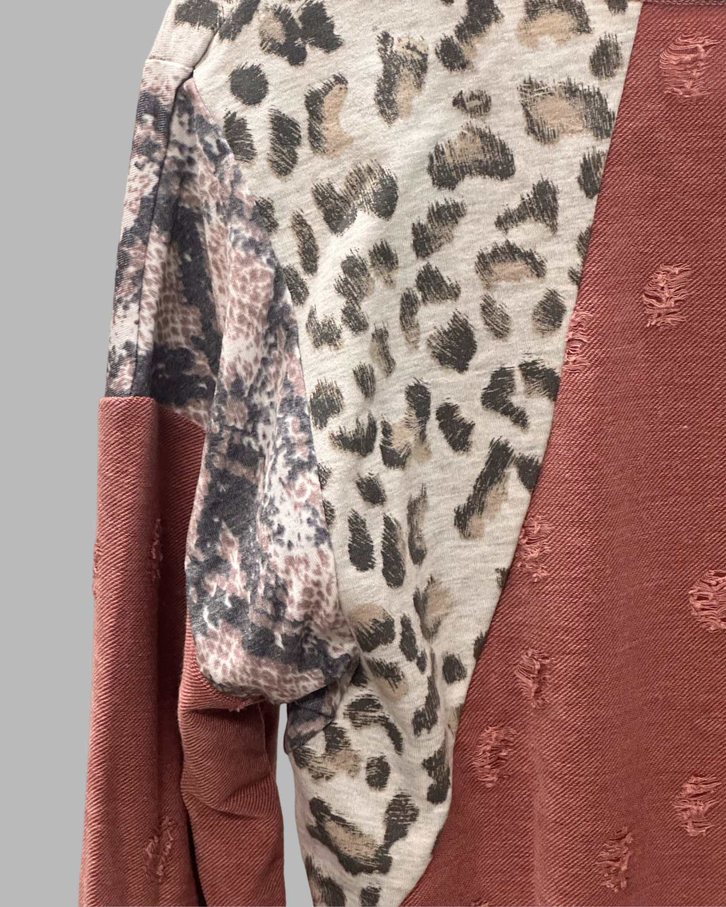 Bibi Distressed Long Sleeve Top with Animal Print Sleeves