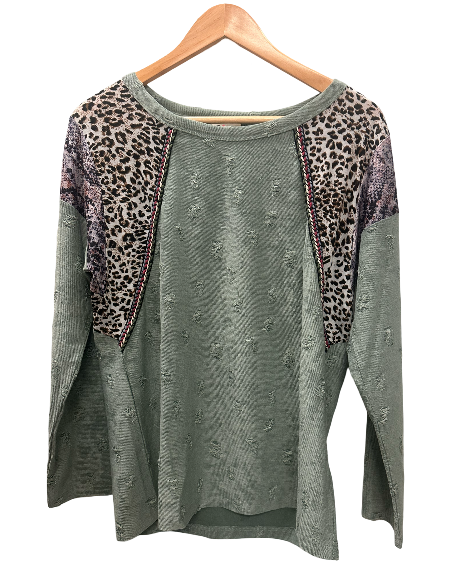 Bibi Distressed Long Sleeve Top with Animal Print Sleeves