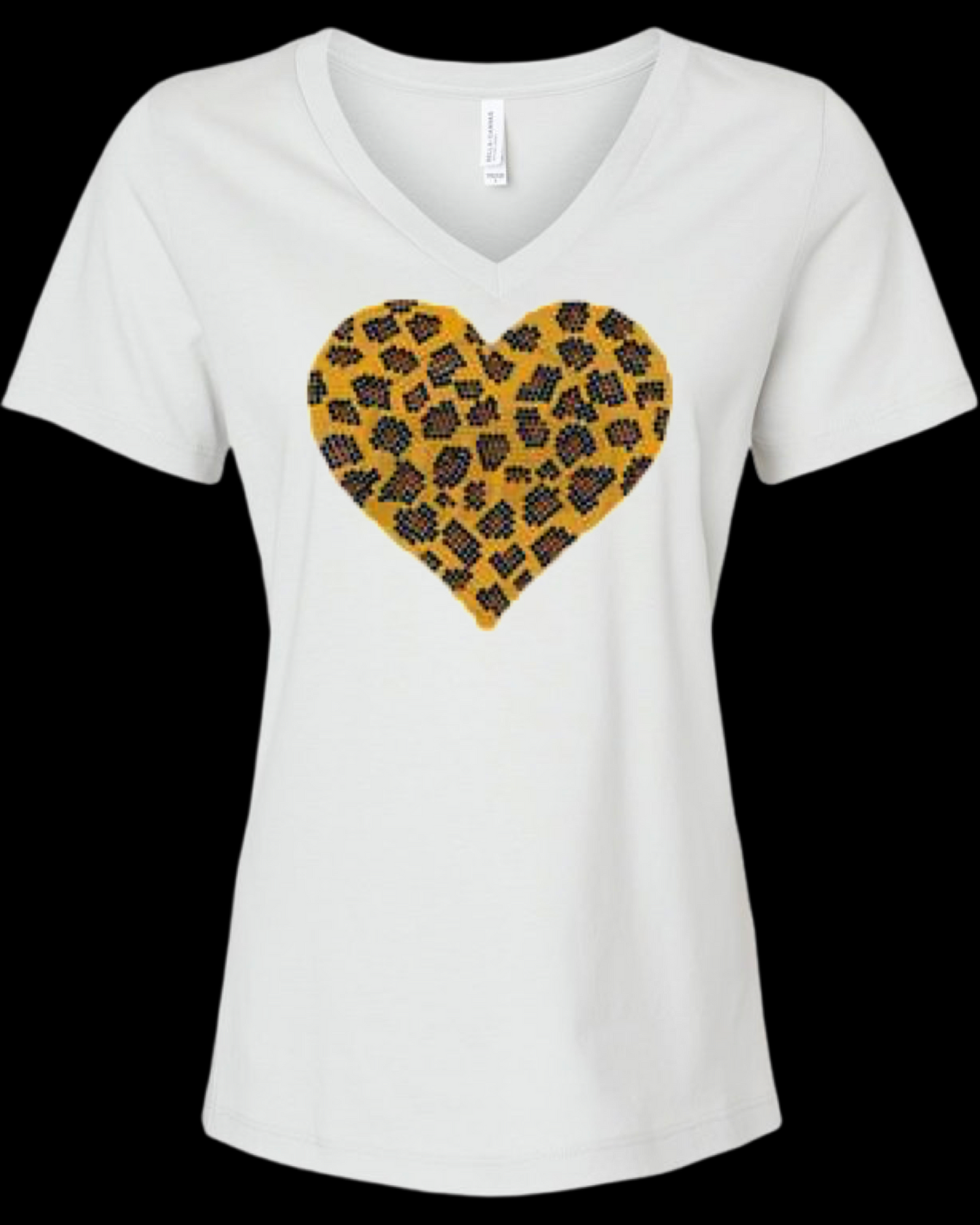 Leopard Print Heart Rhinestone Womens Relaxed Short Sleeve T-Shirt