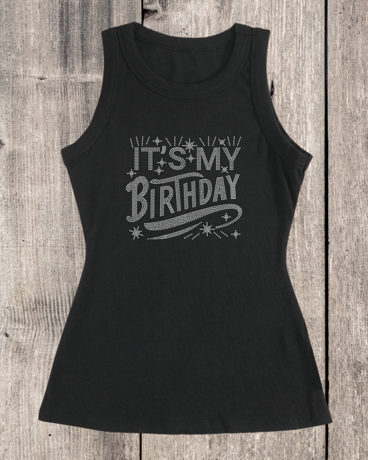 It’s My Birthday Rhinestone Ribbed Tank Top