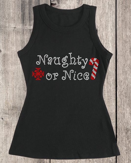 Naughty Or Nice Rhinestone Ribbed Tank