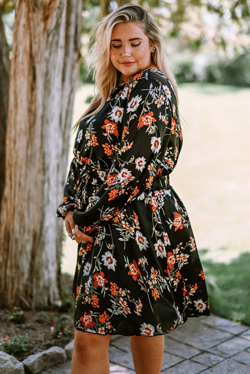 Plus Size Floral Drawstring Long Sleeve Dress