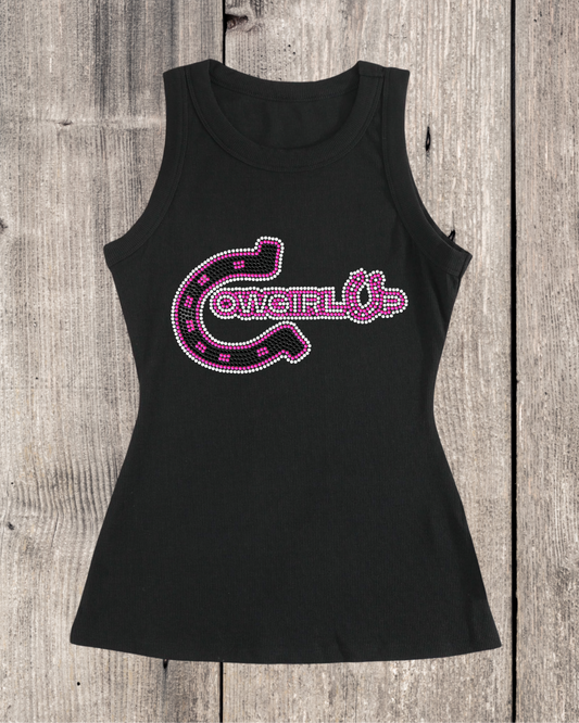 Cowgirl Up Horseshoe Rhinestone Ribbed Tank Top