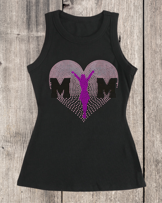 Sport Mom Faded Heart Design Cheer Mom Rhinestone Ribbed Tank Top