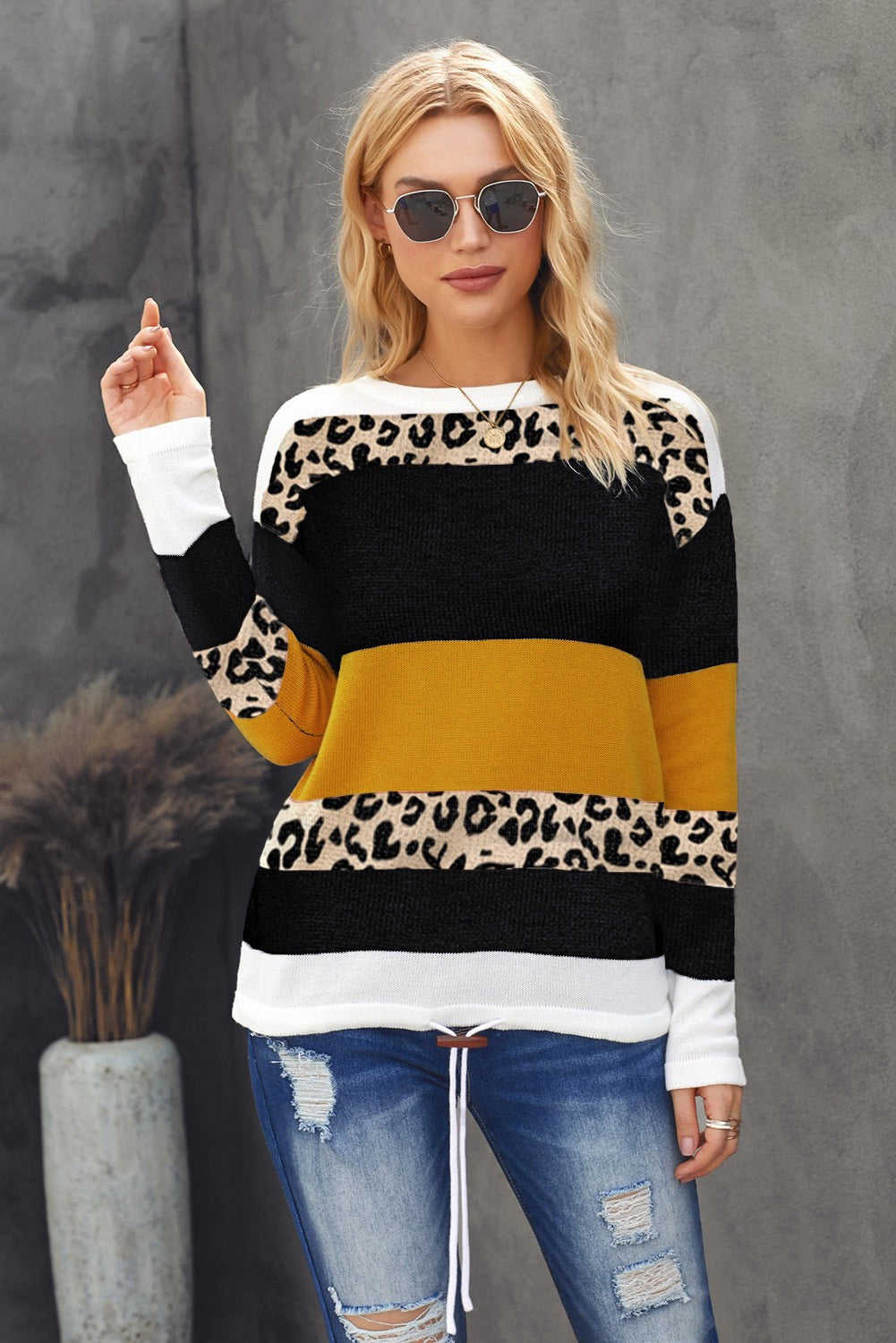 Crewneck Leopard ColorBlock Knit Pullover Sweater