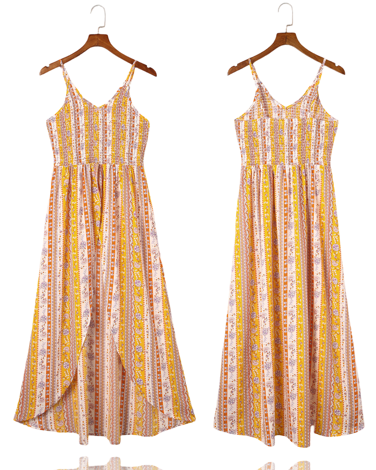 Smocked Printed V-Neck Cami - Yellow Boho Floral Print Smocked Front Slit Maxi Tank