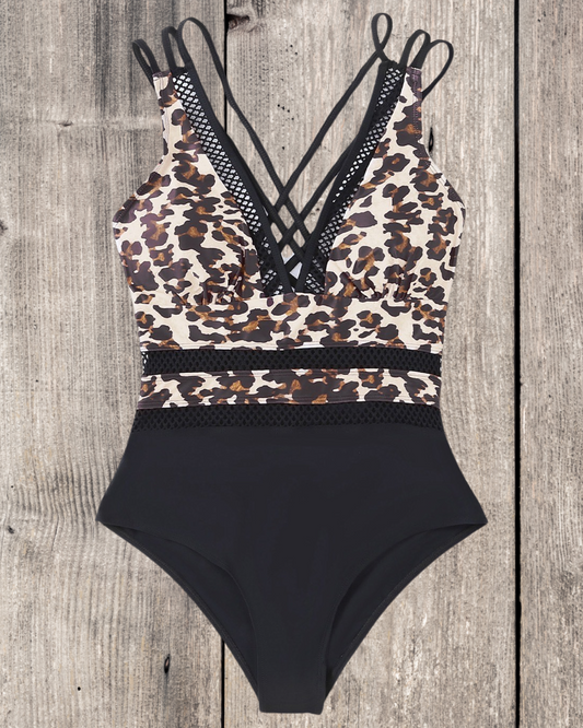 Leopard Splicing Deep V-Neck Criss Cross One-Piece Swimsuit