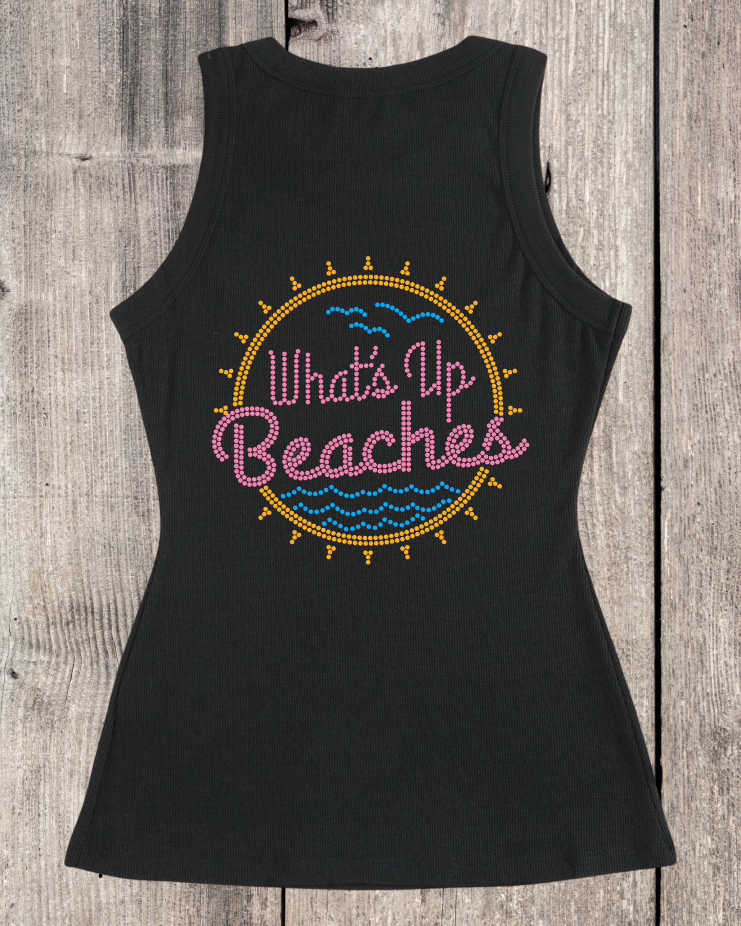 What’s Up Beaches Rhinestone Sleeveless Ribbed Black Tank Top