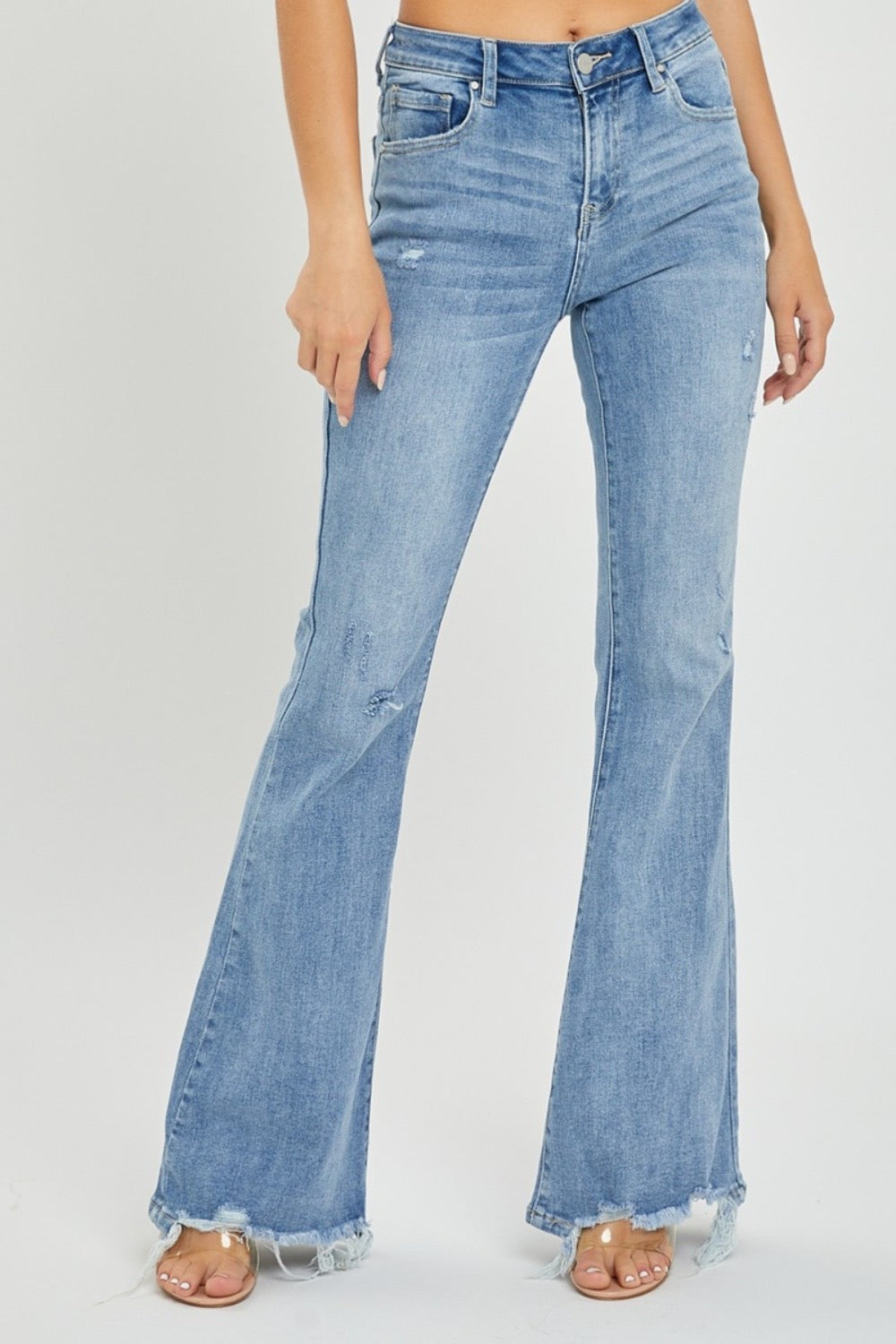 RISEN Full Size High Rise Frayed Hem Flare Jeans