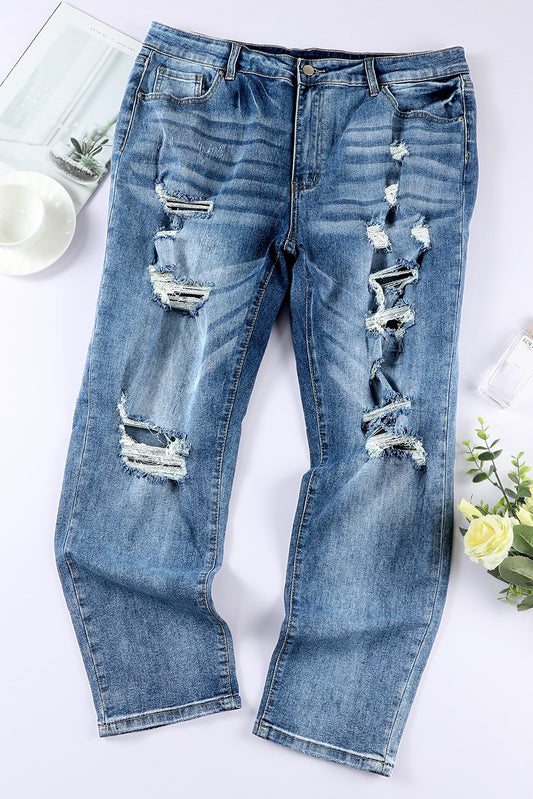 Plus Size Blue Distressed Slit Vintage Jeans