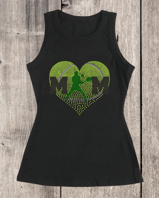 Sport Mom Faded Heart Design His Tennis Mom Rhinestone Ribbed Tank Top