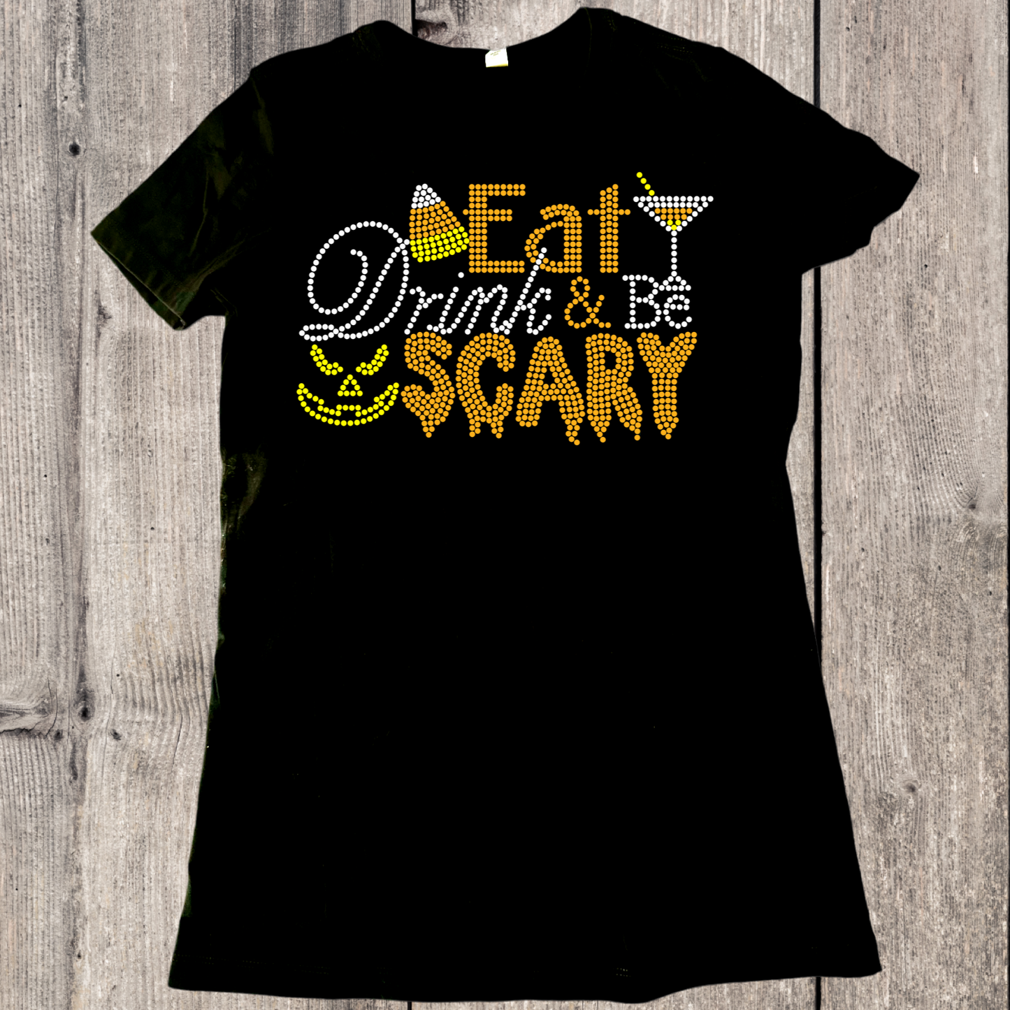 Eat Drink & Be Scary Rhinestone Womens Relaxed Short Sleeve T-Shirt