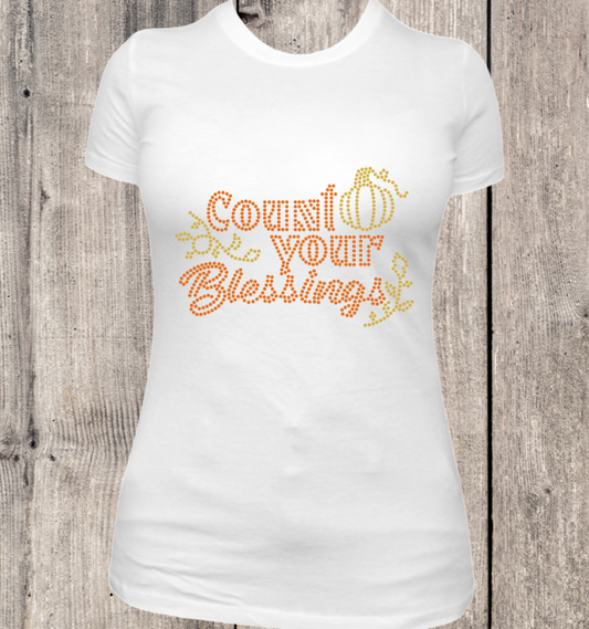 Thankful Holiday Collection Rhinestone Womens Fitted White T-Shirt