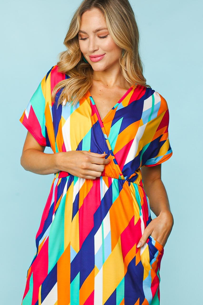 Haptics Geometric Surplice V Neck Short Sleeve Dress